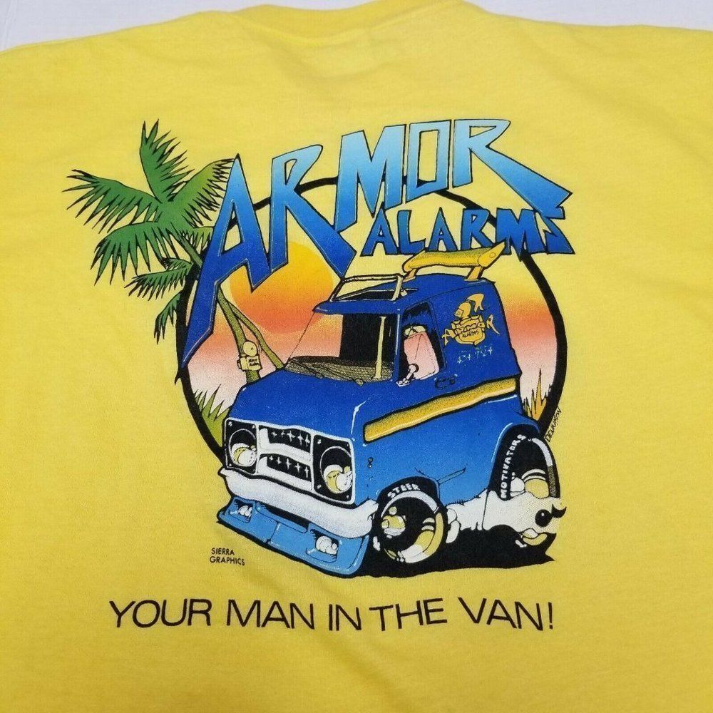 Vintage 80s Armor Alarms Yellow T Shirt Single Stitch Sierra Graphics Van‎ Auto
